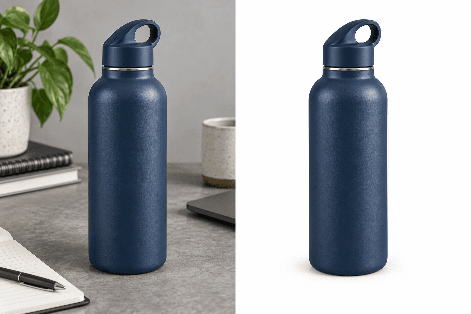 Blue bottle on a worktable, then isolated on white.