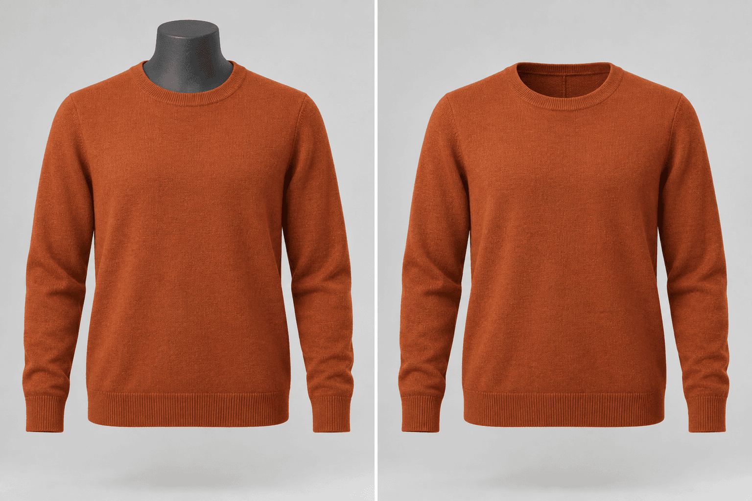 Orange sweater on a mannequin, then a hollow garment-only presentation.