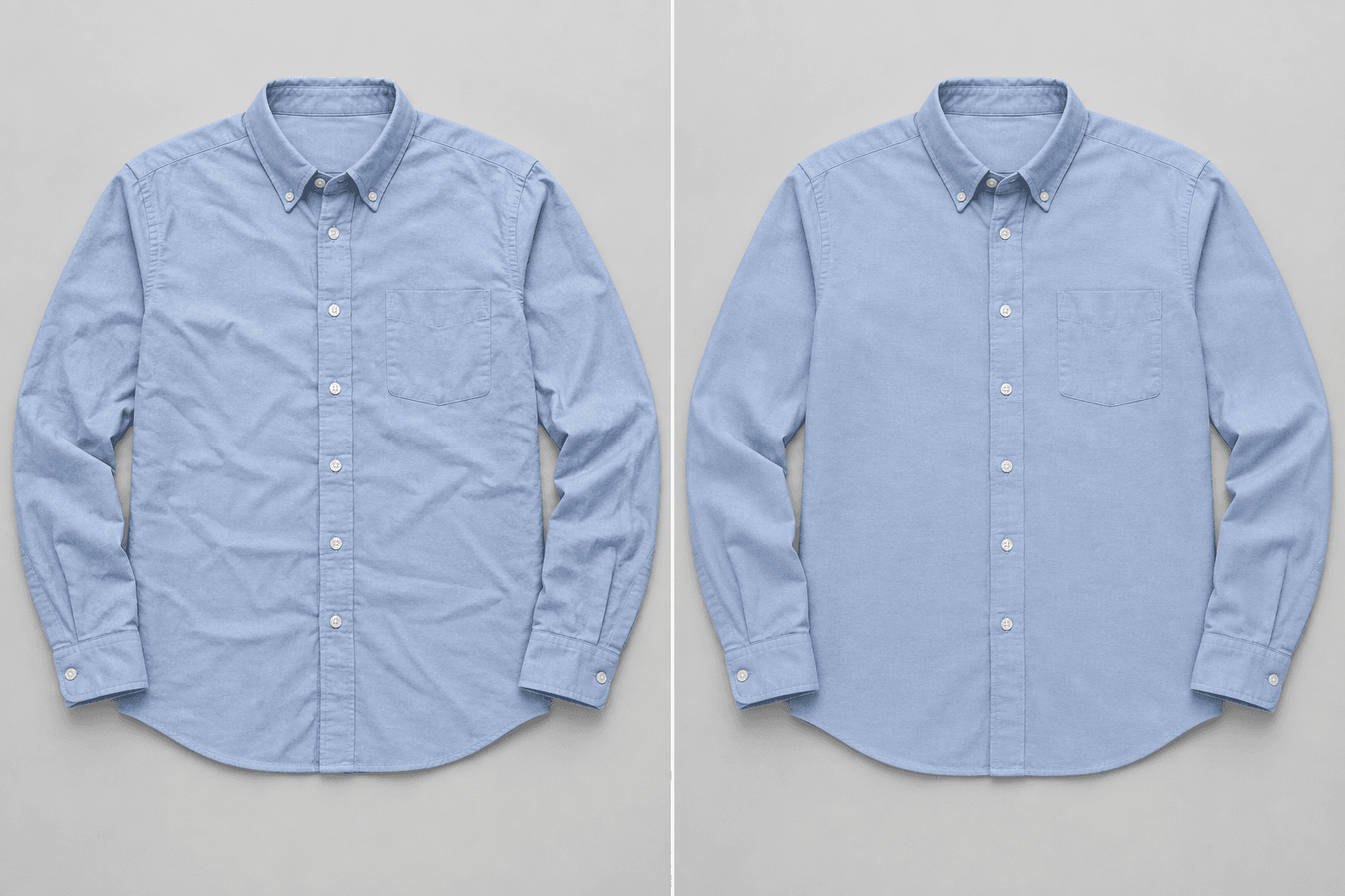 Light-blue shirt with storage creases, then a smoother appearance.